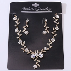 Elegant gold bridal jewelry set with floral rhinestone necklace and teardrop earrings