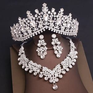 Detailed macro view of luxurious bridal jewelry set with sparkling rhinestones and silver finish
