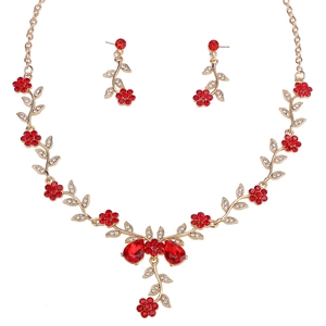 Exquisite bridal red floral vine necklace and earrings set with rhinestones and gold alloy