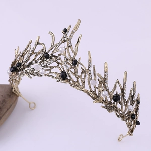 Vintage bridal crown with bronze branches, white pearls, black beads, and rhinestones