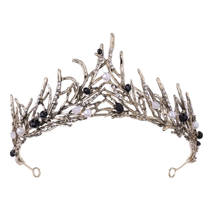 Handmade bridal crown with pearls, black beads and crystals on antique gold branch tiara