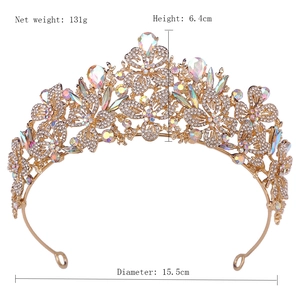 Detailed view of rhinestone leaf bridal crown with dimensions 15.5cm diameter and 6.4cm height