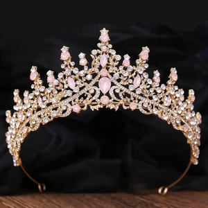Elegant gold bridal tiara set with pink water-drop crystals and white rhinestones