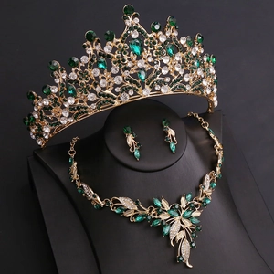 Vintage Alloy Rhinestone Bridal Jewelry Set Leaf Tiara Crown Necklace Earrings For Wedding Party Women Formal Jewelry