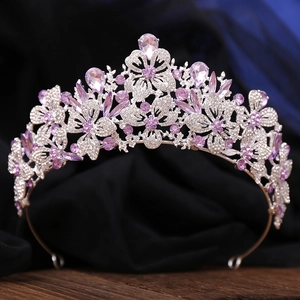 Elegant leaf baroque crown with purple crystals and rhinestones for bridal wedding attire