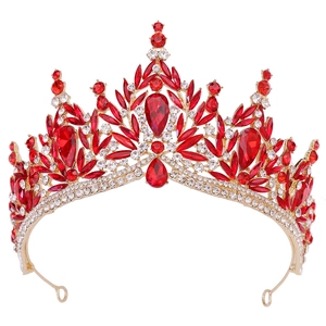 Golden baroque crown with ruby red crystals and matching wedding jewelry set