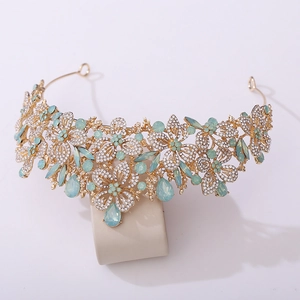 Elegant gold leaf bridal crown with white rhinestones and mint green gemstones
