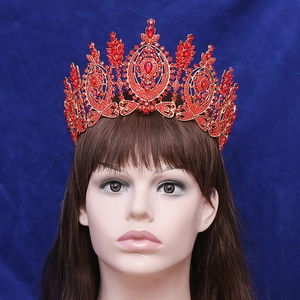 Baroque red rhinestone tiara crown with gold metal base for pageant and bridal occasions