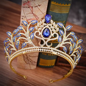 Baroque golden bridal crown with luxury blue teardrop crystals and leaf pattern