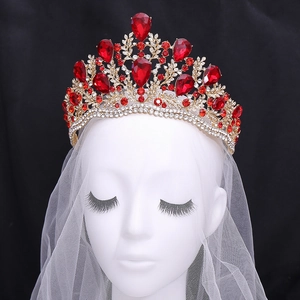 Elegant baroque bridal crown with red crystals and gold alloy base for wedding pageants