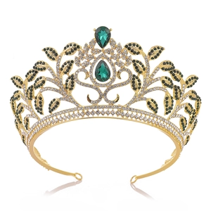 Luxury Baroque gold leaf crown with sparkling rhinestones and green teardrop crystals