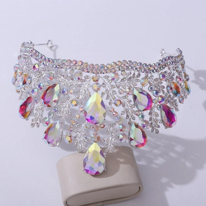Detailed view of silver bridal crown with AB colorful crystals and teardrop gems