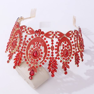 Detailed view of the red crystal baroque crown with golden alloy base and side combs