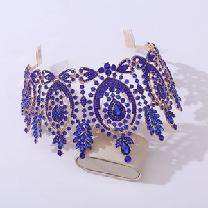 Baroque queen crown with golden alloy and navy blue rhinestones for bridal beauty pageants
