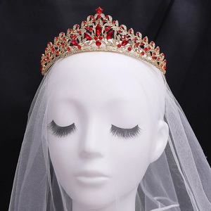 Golden crown with red rhinestones and white veil for bride wedding accessories