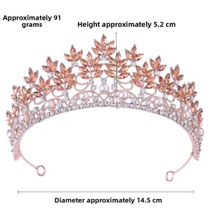 Detail view of rose gold bridal crown with crystal leaves, pearls, and product dimensions