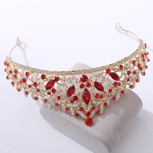 Golden forest crown with red gemstones and sparkling rhinestones for bridal hairstyles