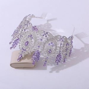 Detailed view of Baroque crown with purple gems and side combs for secure fit