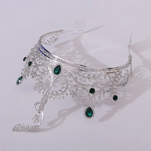Vintage silver tiara with emerald green teardrop stones and sparkling white rhinestones