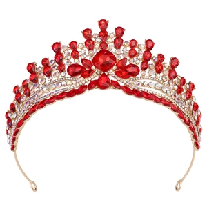 Couronne de mariage baroque dorée avec grands cristaux rouges et strass colorés
