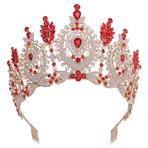 Baroque style gold pageant crown with vibrant red rhinestones and clear micro crystals