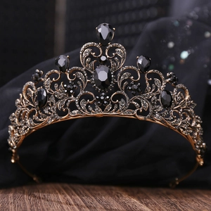 Vintage bronze bridal tiara with black rhinestones and leaf pattern for wedding