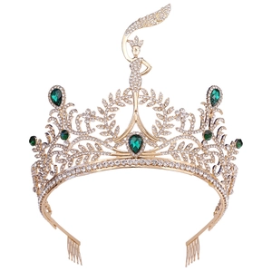 Baroque Vintage Golden Alloy Crown With Emerald Green Rhinestones For Pageant Wedding Women Luxurious Bridal Headwear Tiara