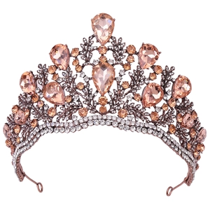 Detailed macro view of Baroque bridal crown with champagne pear-shaped crystals