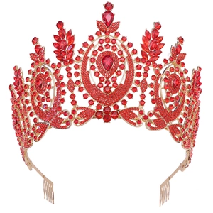 Detailed view of Baroque crown with red teardrop rhinestones and golden combs for secure fit