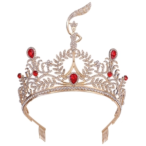 Golden Thai pageant crown with red crystals and female silhouette logo on white background