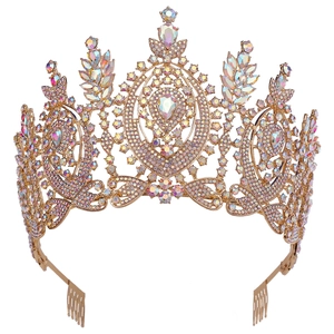 Detailed close-up of Baroque bridal crown with AB rhinestones and gold alloy frame