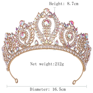 Baroque bridal tiara with rhinestones showing dimensions 8.7cm height and 16.5cm diameter