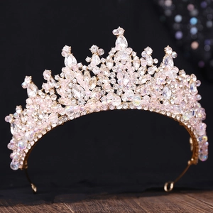 Couronne de mariée baroque en cristaux roses avec cadre en alliage doré pour fêtes