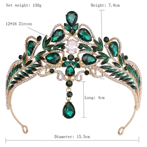 Baroque gold crown with green emerald zircon details and dimensions measuring 7.8cm height