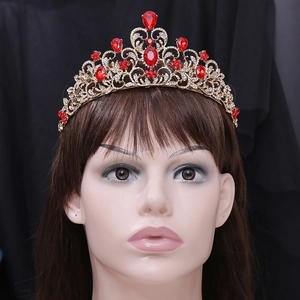 Baroque bridal leaf crown with red gems and rhinestones on a gold alloy base