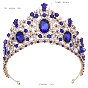 Detailed size specifications of the gold bridal crown with blue and white crystals