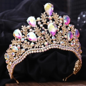 Elegant baroque bridal crown with AB crystals and gold floral filigree for weddings