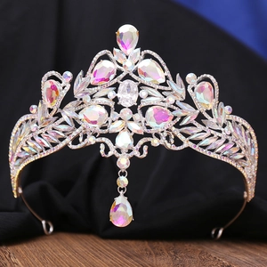 Elegant silver Baroque bridal crown with iridescent rhinestones and water drop pendant