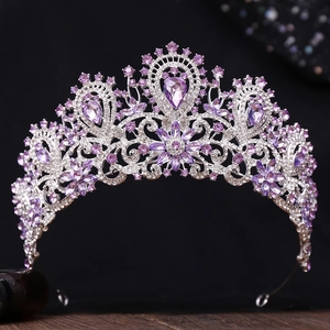 Luxurious silver bridal crown with purple teardrop rhinestones and floral vintage pattern