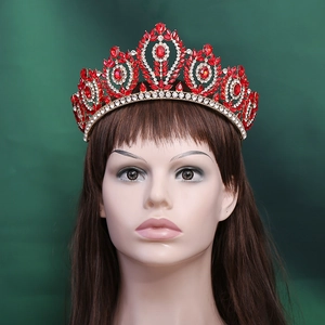 Royal baroque bridal crown with red teardrop crystals and silver-tone leaf design