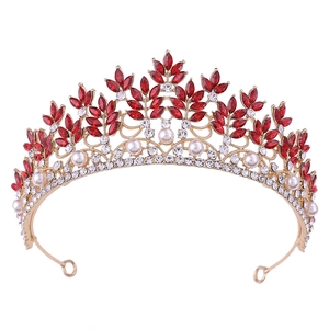 Baroque Tiara Crown Alloy Rhinestone Faux Artificial Pearl Leaf Design Wedding Bridal Party Hair Jewelry Vintage Accessories Women