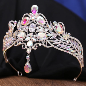 Macro detail of Baroque bridal crown with iridescent AB rhinestones and pear-cut crystal