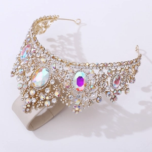 Detailed close-up of golden crown with shimmering crystals and iridescent opals