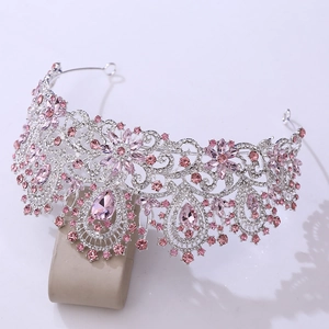 Luxury silver bridal crown with pink crystals and white rhinestones for weddings