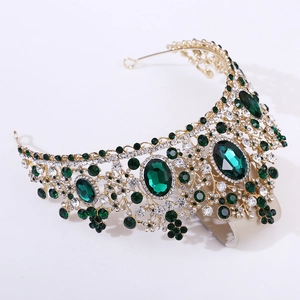 Luxurious gold crown with emerald green crystals and white rhinestones for bridal party