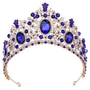 Luxurious gold crown with blue crystal gemstones and rhinestones for bridal parties