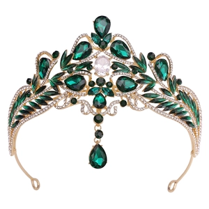 Vintage gold bridal tiara with emerald crystals and white rhinestones for weddings