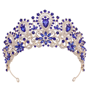 Luxury gold bridal crown with deep blue crystals and rhinestones for wedding hair accessory