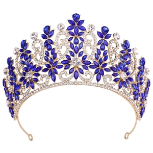 Vintage Barock Braut-Tiara mit goldenem Legierungsrahmen und blauen Kristallsteinen
