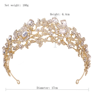 Golden bridal crown with crystals, net weight 180g, height 6.4cm, and diameter 17cm